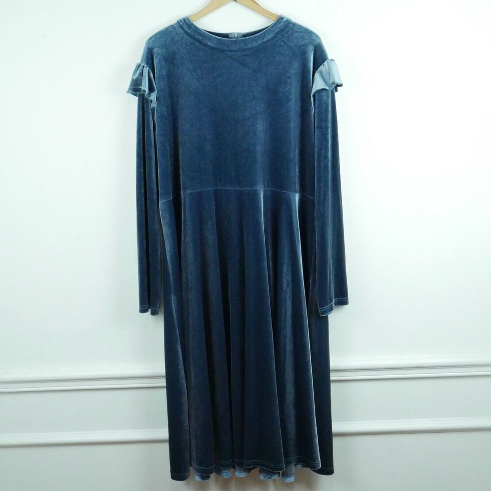 Ivy City Co 3X Dress Blue Velvet Ruffle Midi Prairie Cottagecore Velour‎ Boho